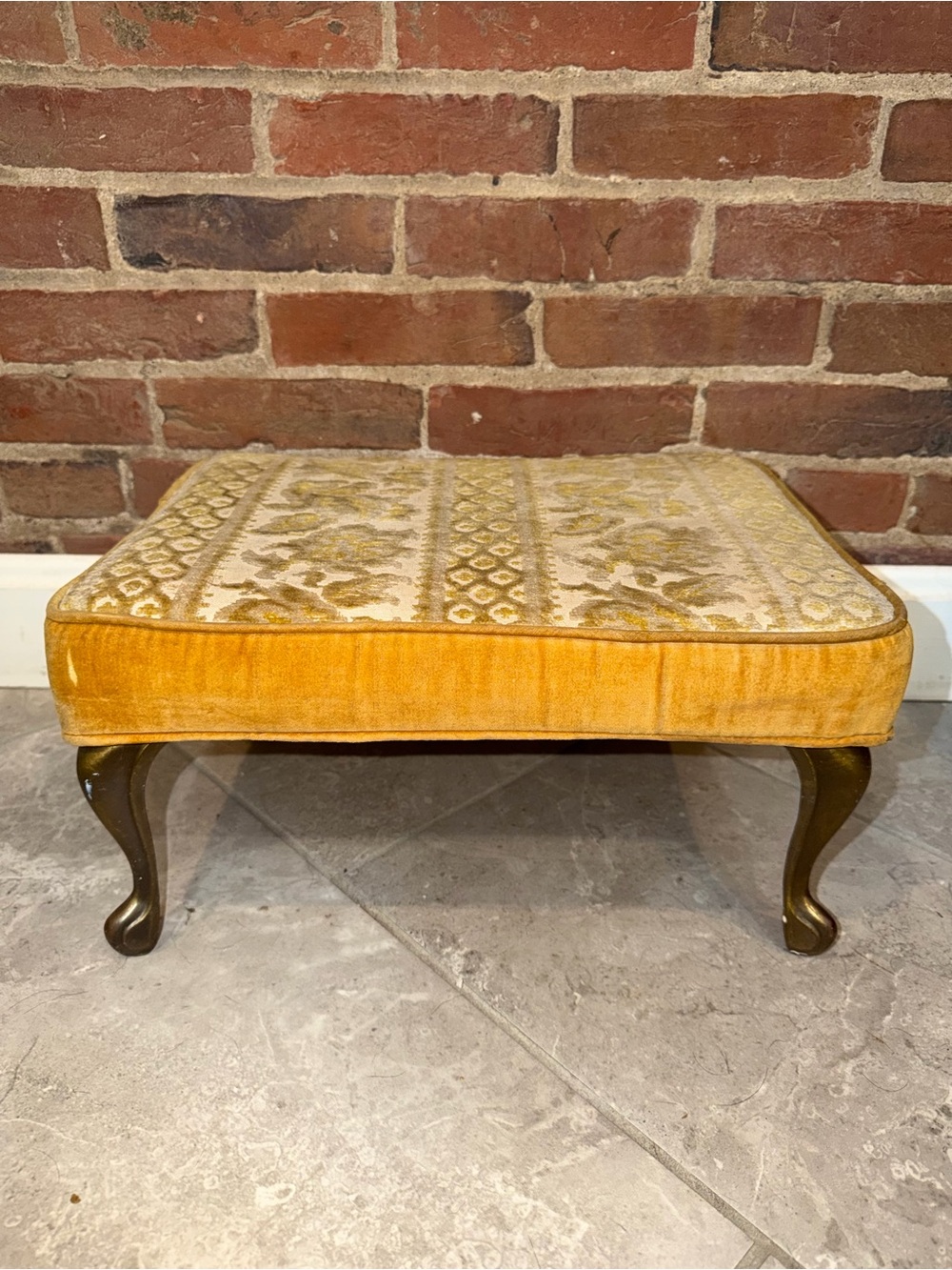 MCM‎ Small Gold Cut Velvet Brass Leg Footstool Ottoman